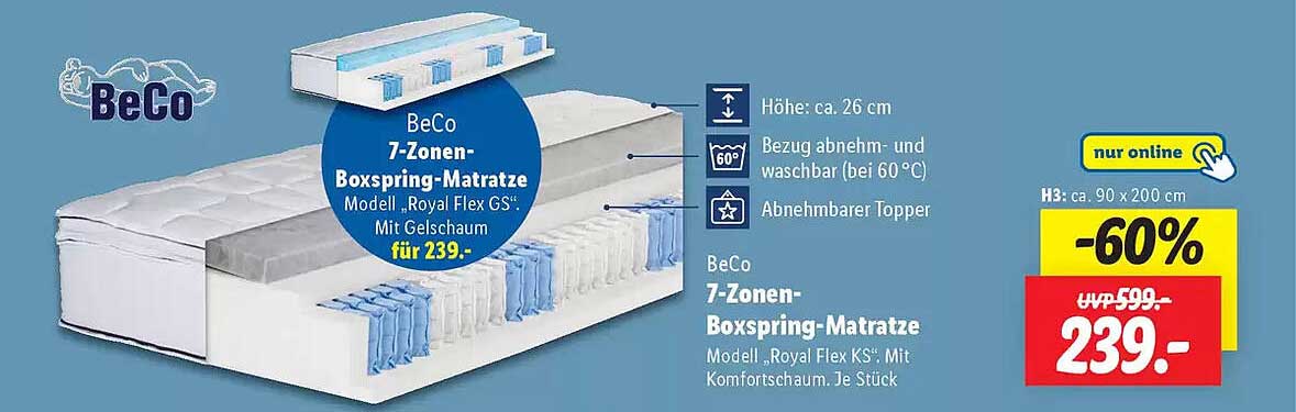 BeCo 7-Zonen-Boxspring-Matratze Modell „Royal Flex GS“ Mit Gelschaum