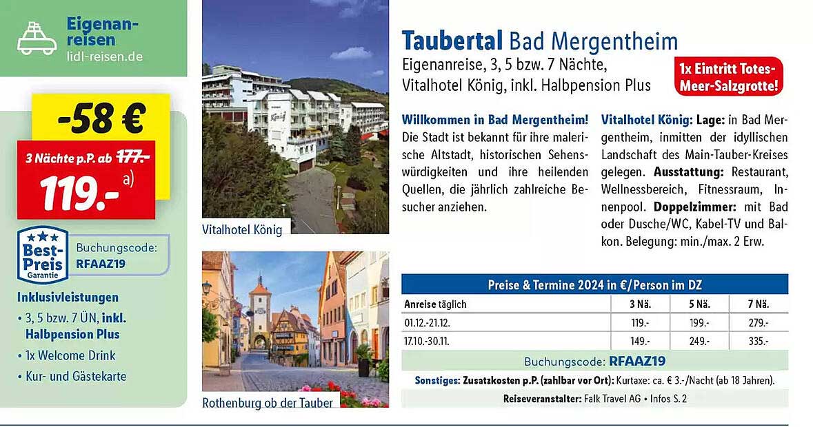 Taubertal Bad Mergentheim Eigenanreise, 3, 5 bzw. 7 Nächte, Vitalhotel König, inkl. Halbpension Plus