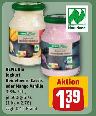 REWE Bio Joghurt Heidelbeere Cassis oder Mango Vanille