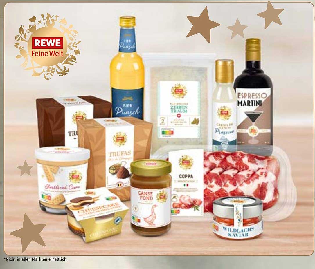 REWE Feine Welt Eier Punsch  
TRUFAS  
Zitronen Traum  
Crema di Pistacchio  
Gänse Fond  
Coppa  
Wildlachs Kaviar  
Chesecake  
Stachelbeer Creme  
Espresso Martini  