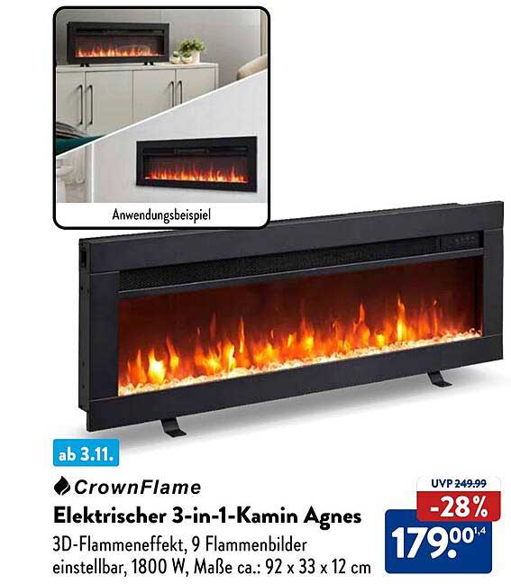 CrownFlame Elektrischer 3-in-1-Kamin Agnes