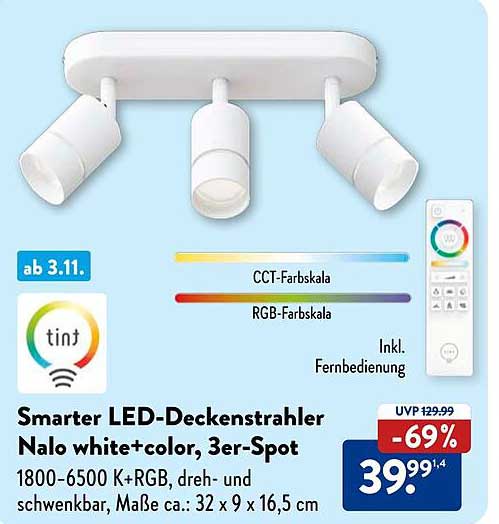 Smarter LED-Deckenstrahler Nalo white+color, 3er-Spot