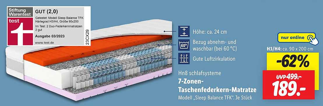 7-Zonen-Taschenfederkern-Matratze Modell „Sleep Balance TFK“