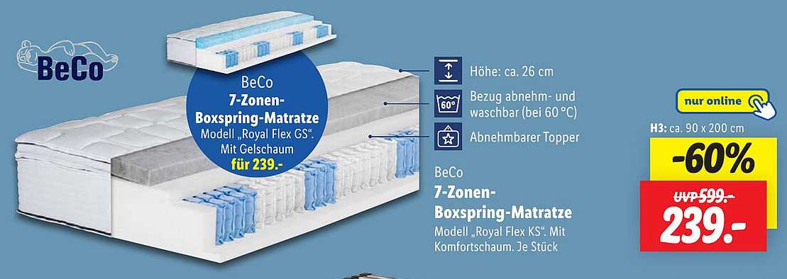 BeCo 7-Zonen-Boxspring-Matratze Modell „Royal Flex GS“ Mit Gelschaum