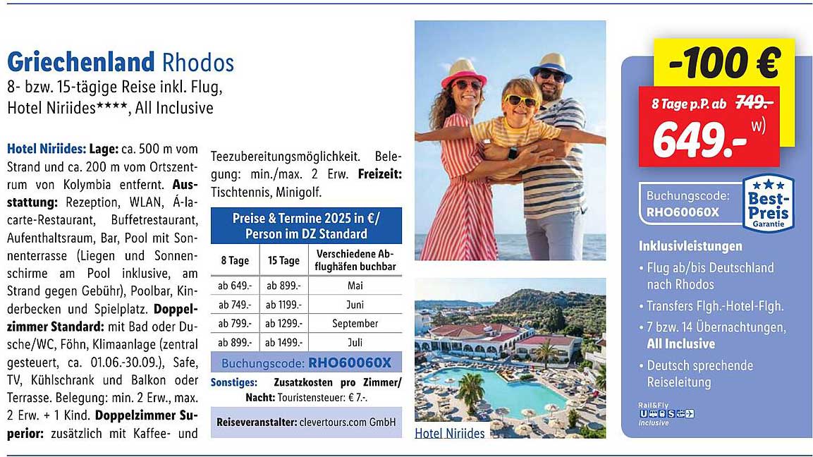 Griechenland Rhodos 8- bzw. 15-tägige Reise inkl. Flug, Hotel Niriides****, All Inclusive