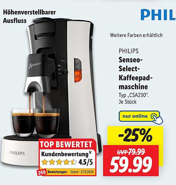 PHILIPS Senseo-Select-Kaffeepadmaschine Typ „CSA230“