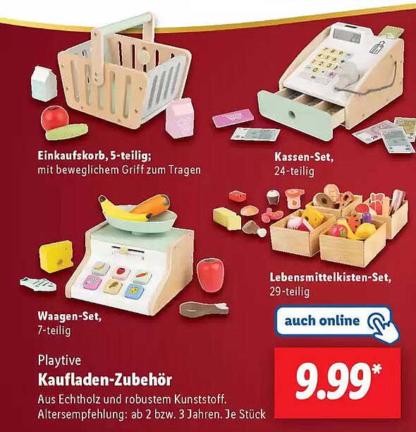 Einkaufskorb, 5-teilig;  
Kassen-Set, 24-teilig  
Waagen-Set, 7-teilig  
Lebensmittelkisten-Set, 29-teilig  
Playtime Kaufladen-Zubehör