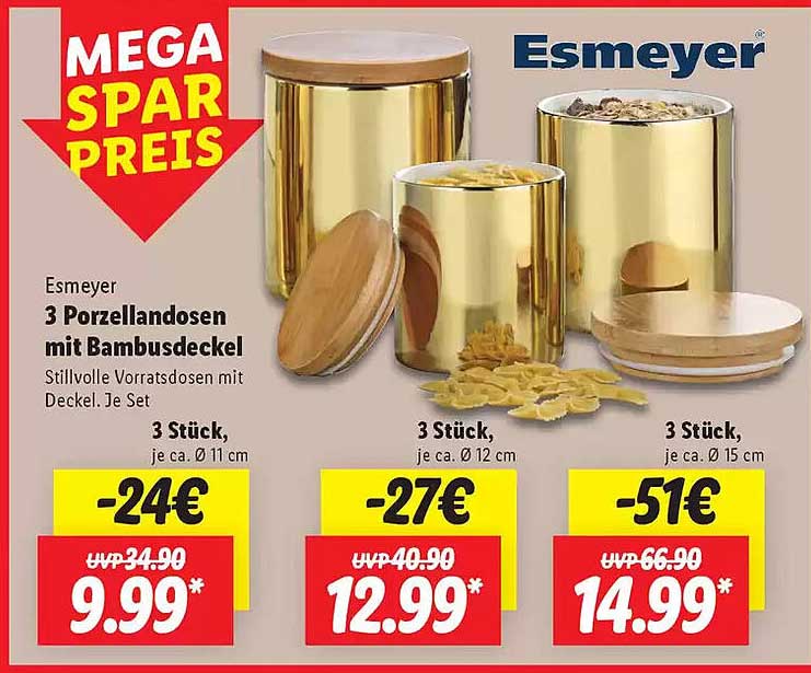 Esmeyer 3 Porzellandosen mit Bambusdeckel