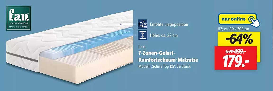 f.a.n. 7-Zonen-Gelart-Komfortschaum-Matratze Modell „Solina Top KS“ Je Stück