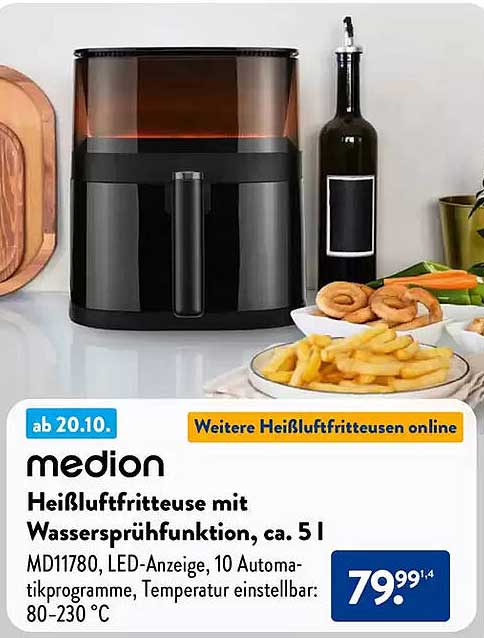 medion Heißluftfritteuse mit Wassersprühfunktion, ca. 5 l