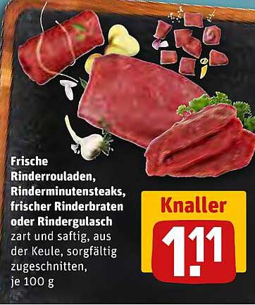 Frische Rinderrouladen, Rinderminutensteaks, frischer Rinderbraten oder Rindergulasch