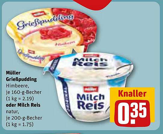 Müller Grießpudding Himbeere oder Milch Reis natur