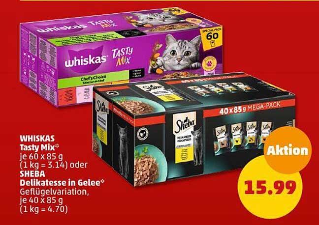 WHISKAS Tasty Mix  
SHEBA Delikatessen in Gelee