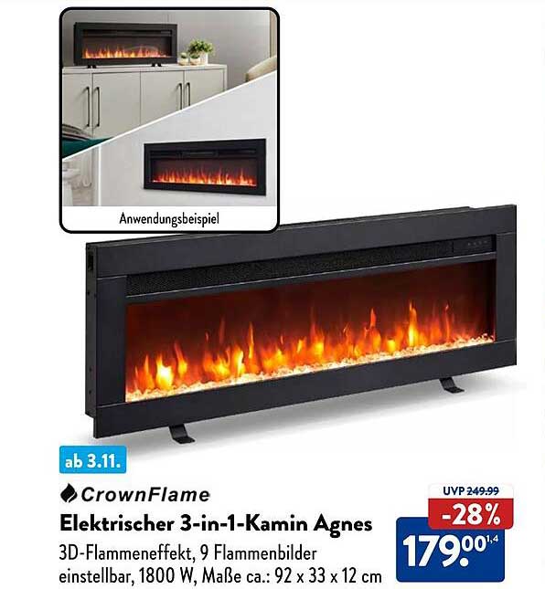 CrownFlame Elektrischer 3-in-1-Kamin Agnes