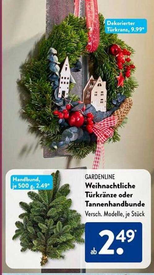 Dekorierter Türkranz  
Weihnachtliche Türkränze oder Tannenhandbunde